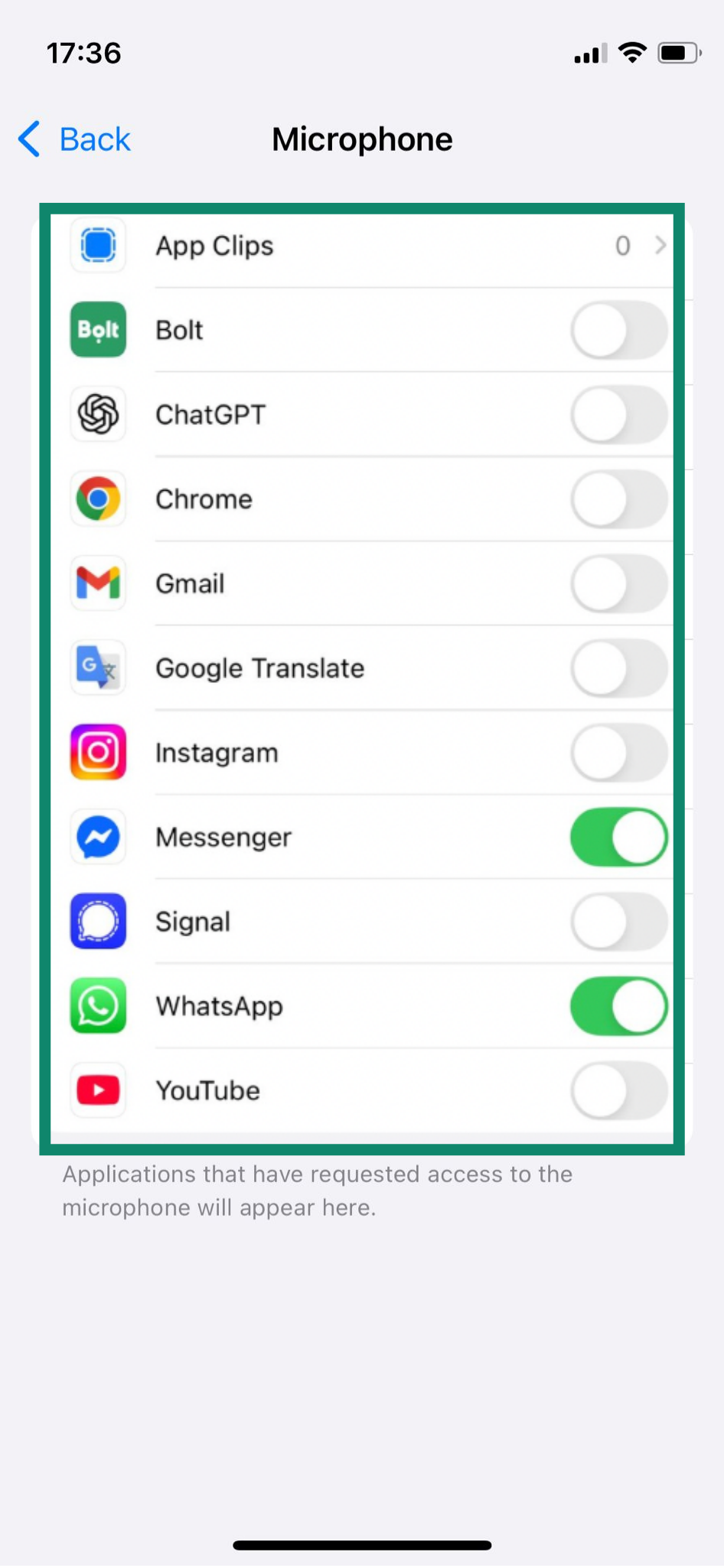 The Microphone permissions page of the iPhone settings, showing a list of apps that can access the microphone.