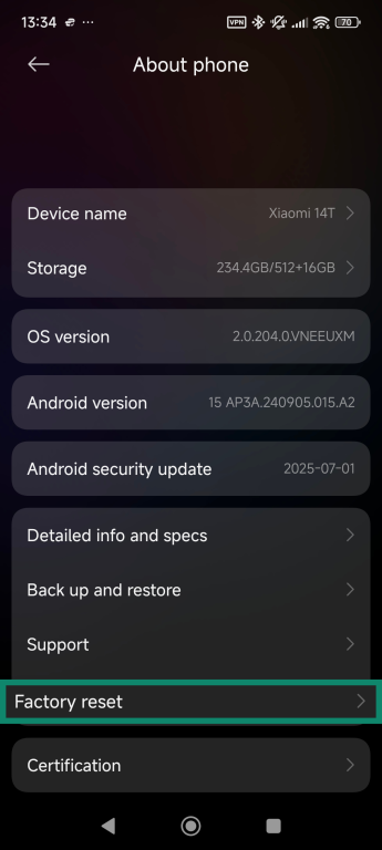 About phone menu interface showing how to perform a factory reset.