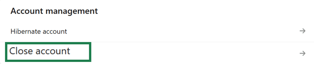 The "Account management" section of LinkedIn settings, with the ‘Close account’ option highlighted.