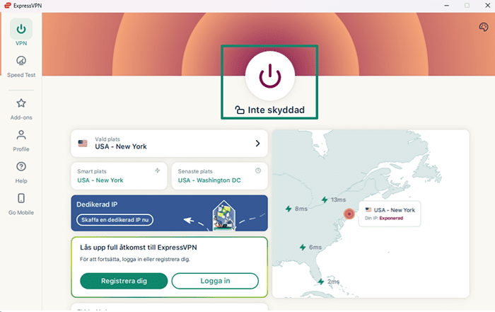 ExpressVPN's app on Windows, with a highlighted power button.