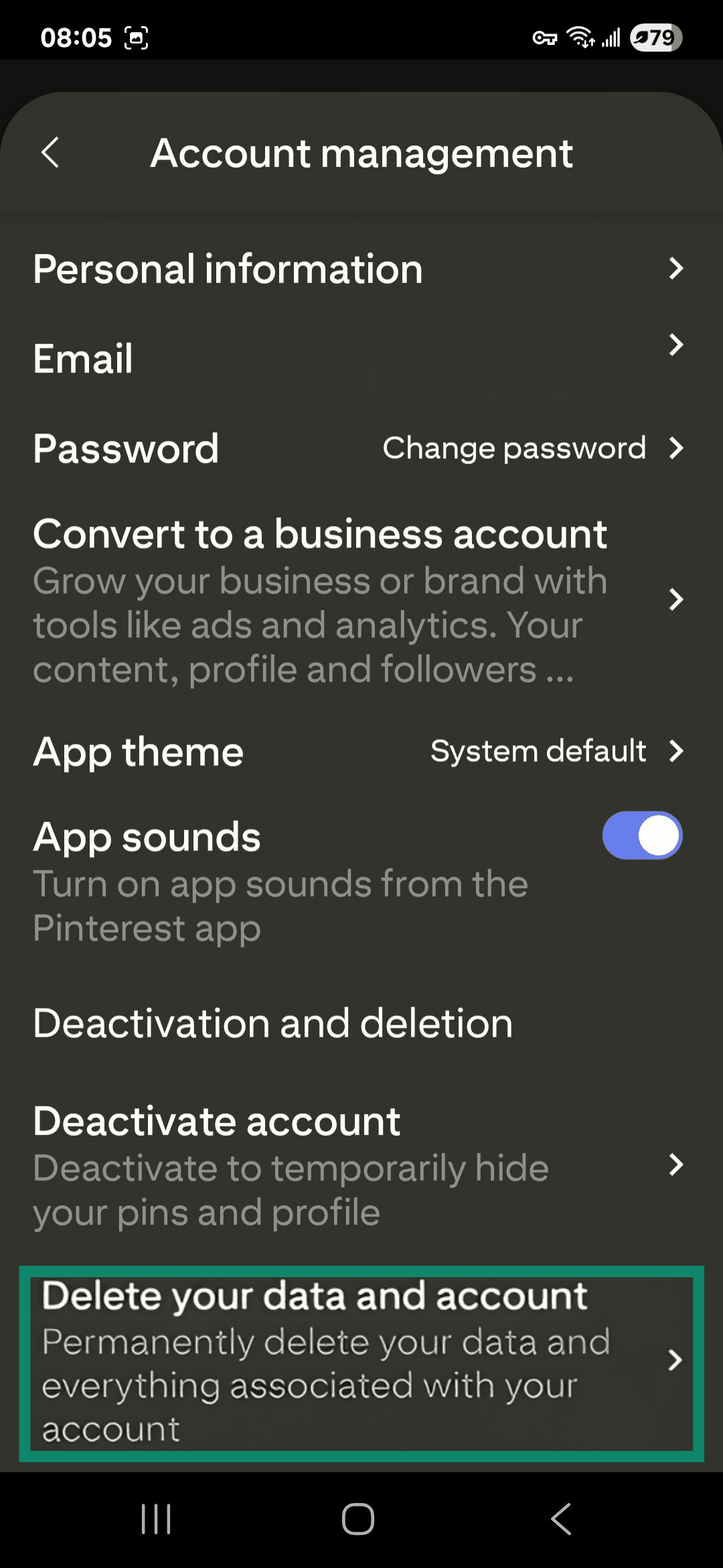 Android Pinterest app Your account menu with Account management highlighted.
