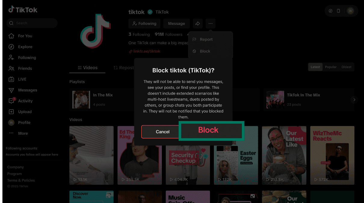 TikTok desktop showing confirmation popup “Block tiktok (TikTok)?” with Block button highlighted.