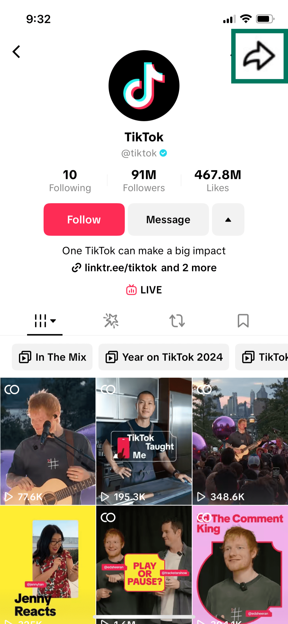 TikTok official profile on iPhone with share arrow icon highlighted in the top-right corner.