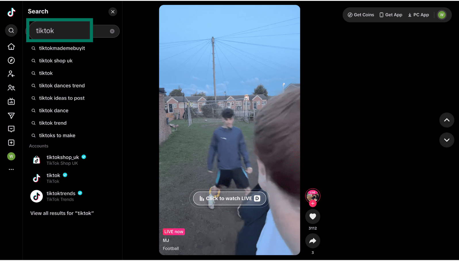 TikTok desktop search screen with “tiktok” typed in sidebar search field, highlighted in green.