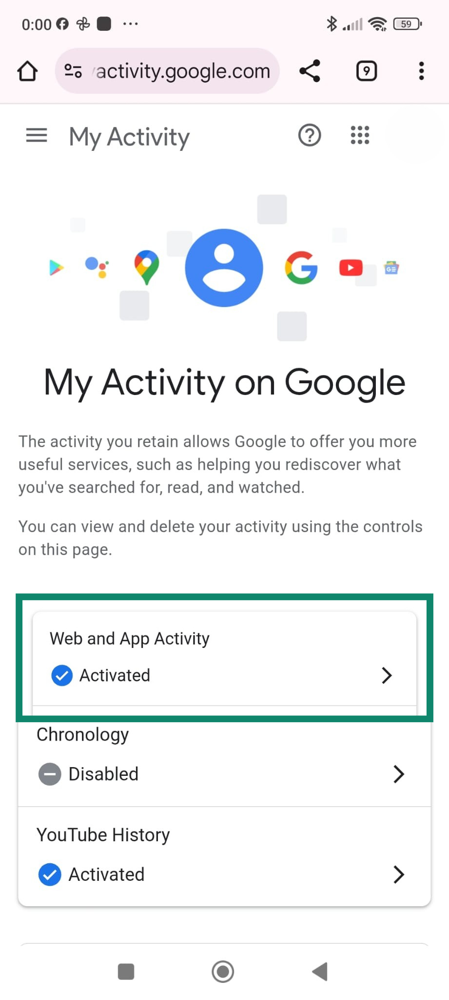 My Activity page showing Web & App Activity activated on Android.