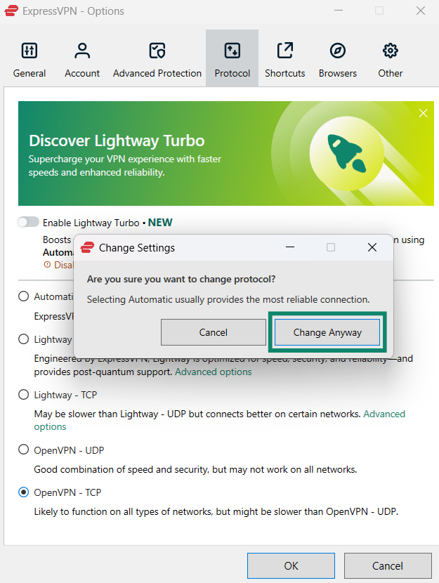 Confirming a protocol change in ExpressVPN's app.