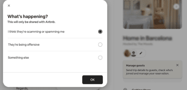 Airbnb Messages screen showing how to report a message.