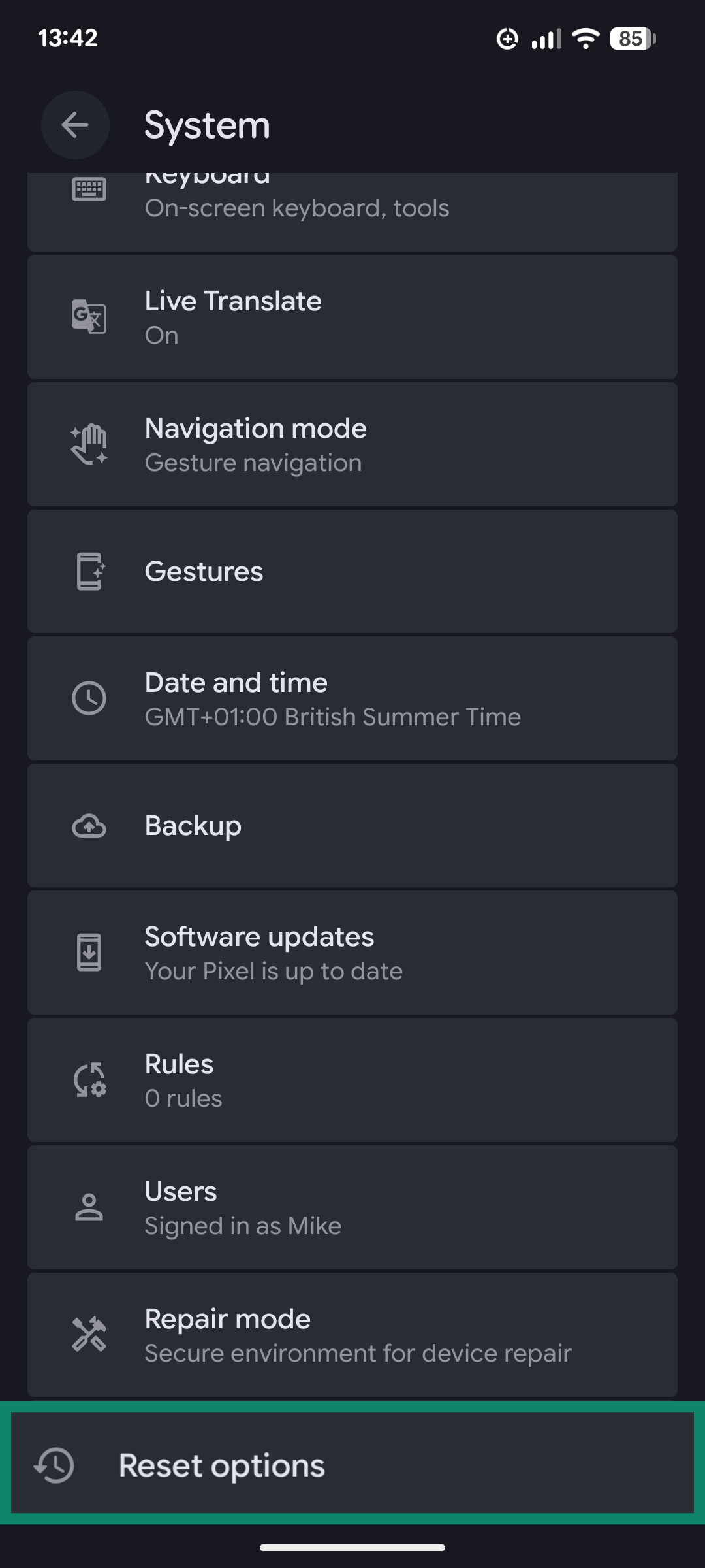 A screenshot of the System settings on Android, showing the Reset options button.
