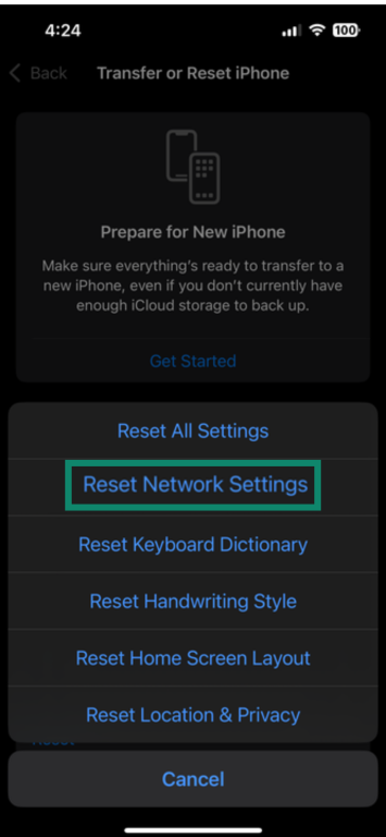 Image showing the options to reset an iPhone, including Reset Network Settings