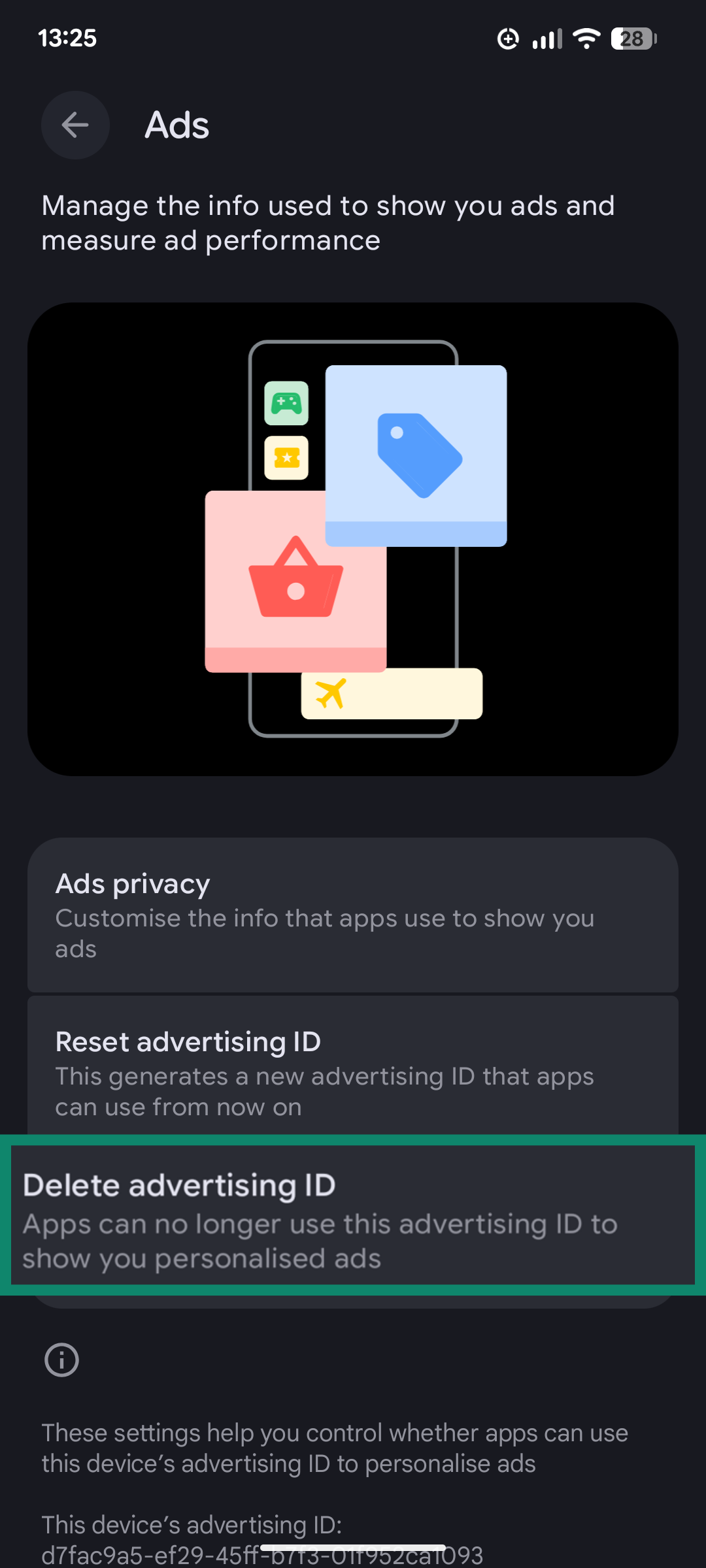 A screenshot of the Ads settings in the Android Settings app, showing the option to Delete advertising ID.