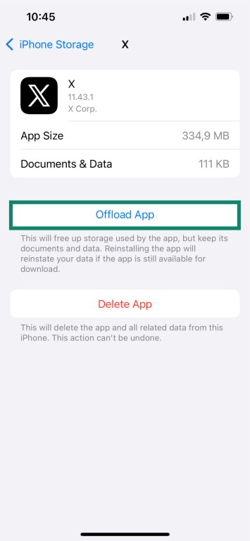 The "Offload App" highlighted in iPhone storage settings for the "X" app.