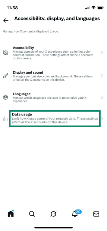 Data usage setting in the Twitter (X) app.