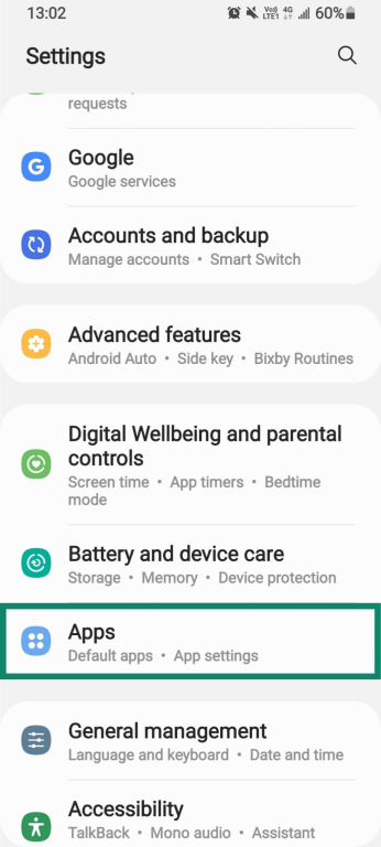 Apps settings in Android settings.