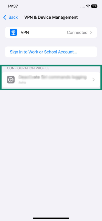 Screenshot of an iPhone’s VPN & Device Management settings, showing a configuration profile highlighted.