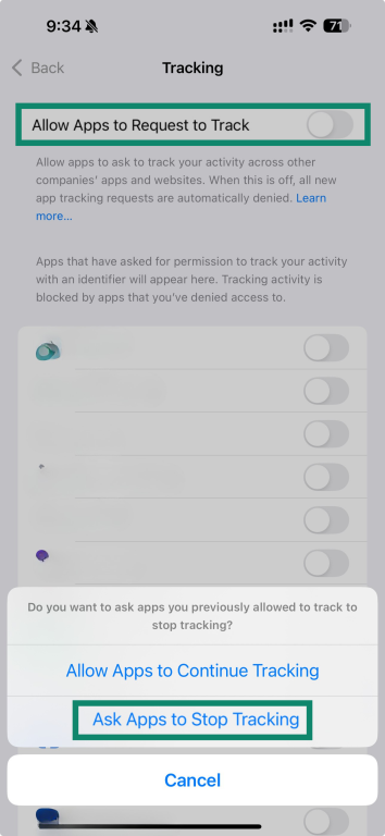 Disable app tracking requests, then confirm your choice.