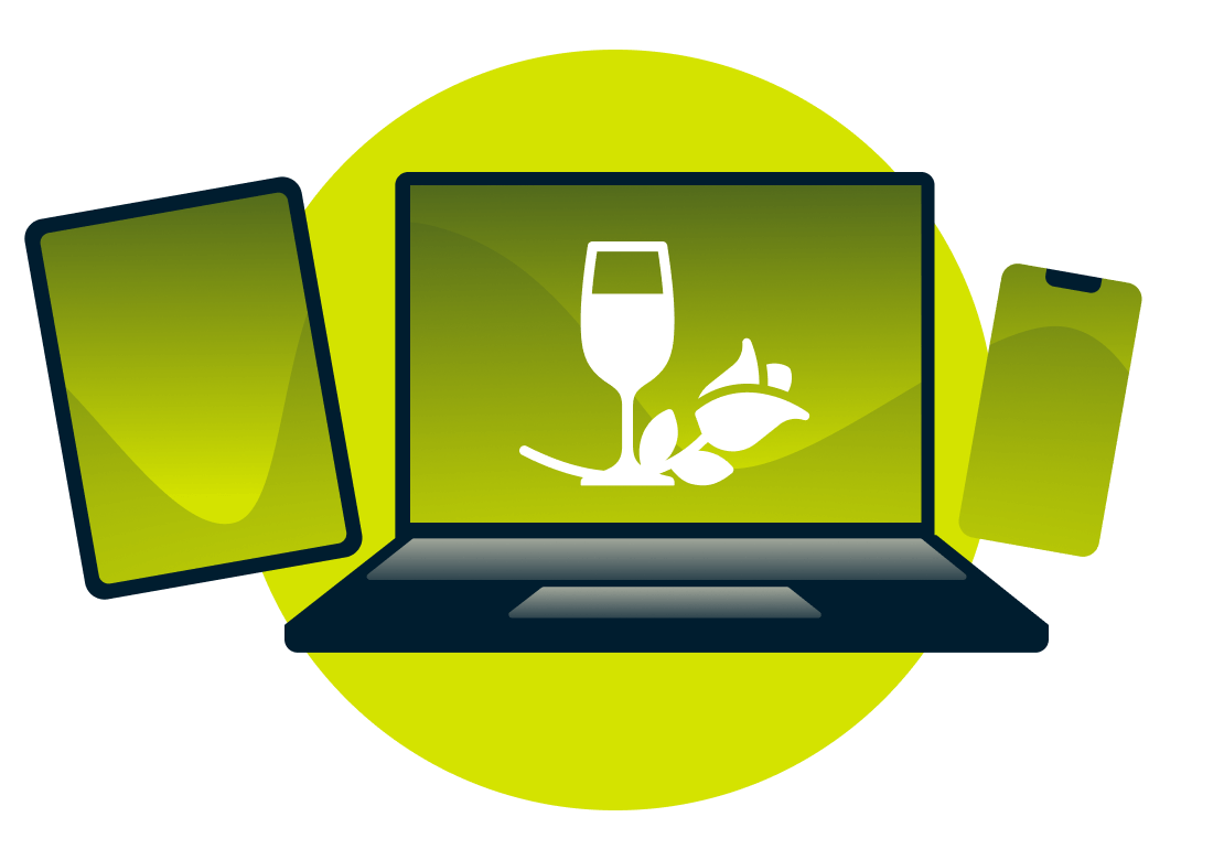 Laptop, tablet i telefon z kieliszkiem wina i różą.
