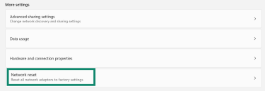 Windows "Advanced network settings" menu, with the "Network reset" option highlighted.