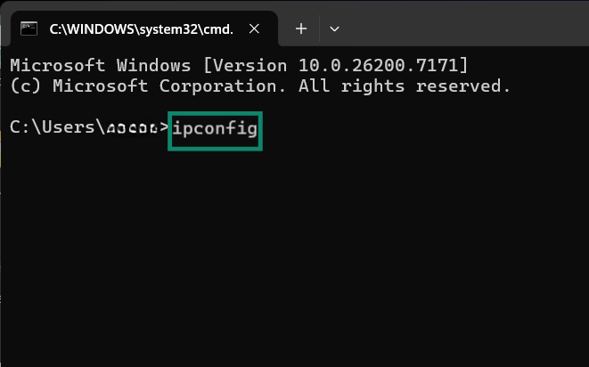 The ipconfig command in Command Prompt.