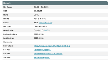 The IP lookup search results on ARIN's WHOIS page.