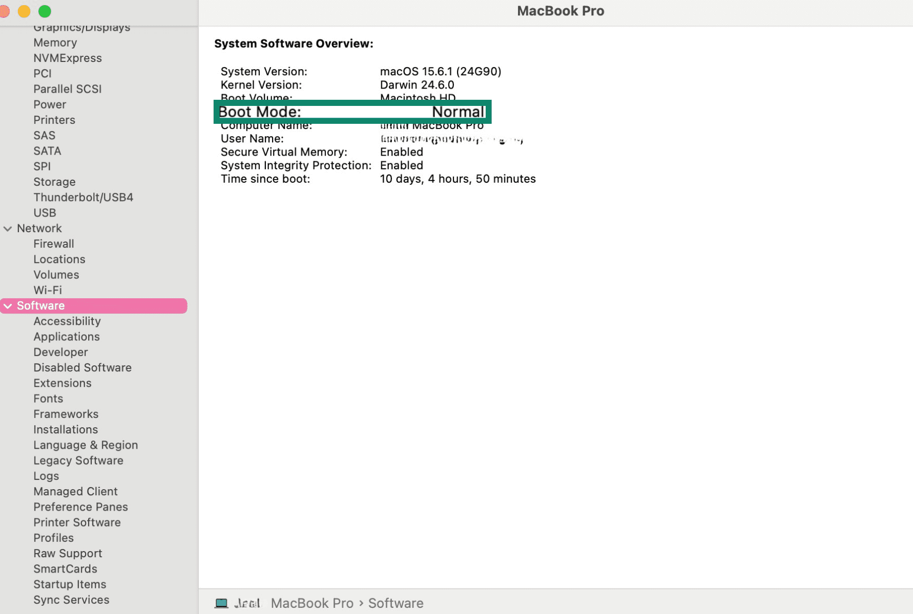 System Information window showing Software details for the MacBook Pro.