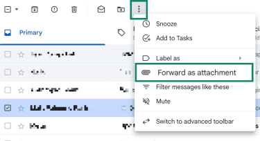 Gmail message options menu open, highlighting “Forward as attachment” option.