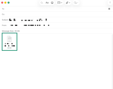 Apple Mail compose window showing forwarded email as an attached EML file.