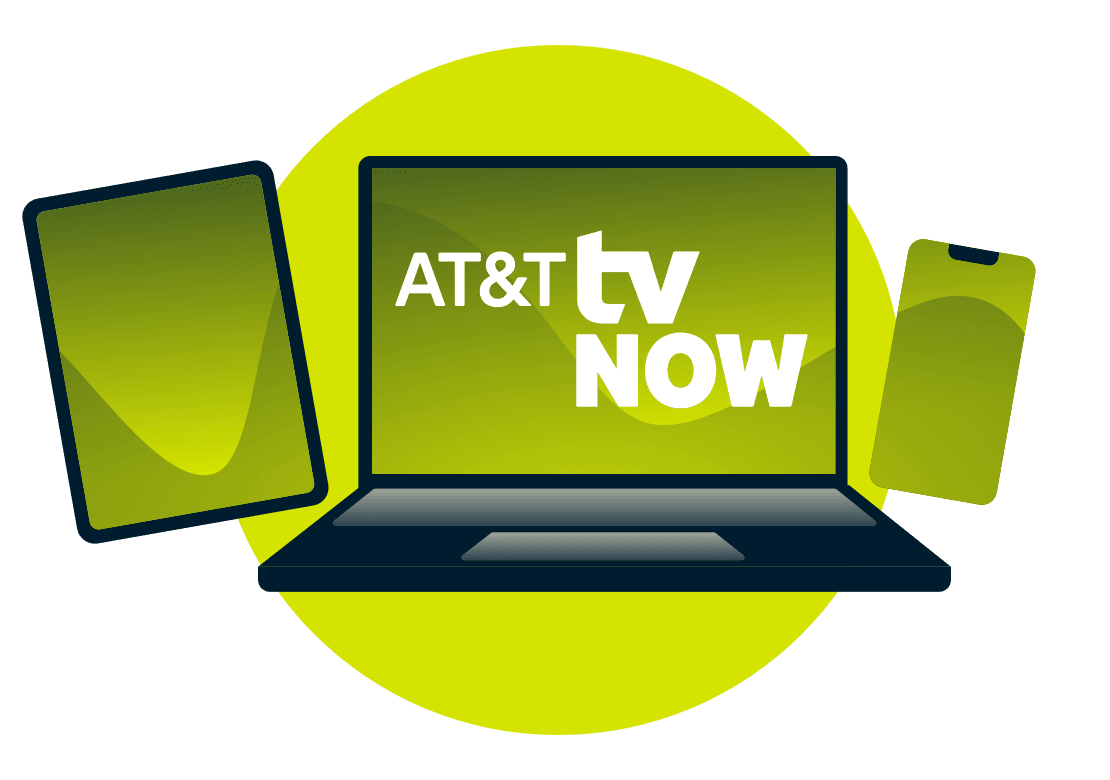 แล็ปท็อป แท็บเล็ต และโทรศัพท์ พร้อมโลโก้ AT&T TV Now