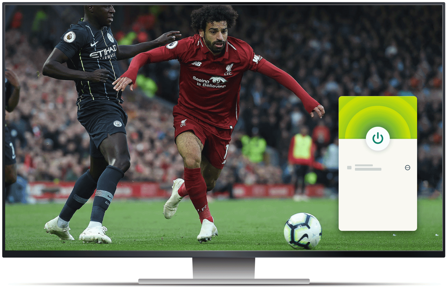 شاشة حاسوب مع تطبيق beIN Sports وتطبيق VPN لمشاهدة كرة القدم.