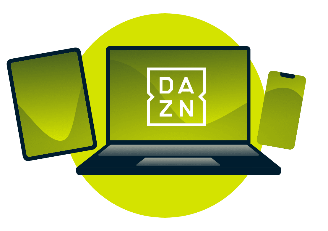 แล็ปท็อป, แท็บเล็ต, และโทรศัพท์ ที่มีโลโก้ DAZN