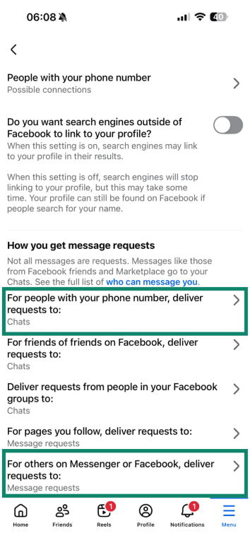 Facebook's mobile settings menu that lets you customize how you get message requests.