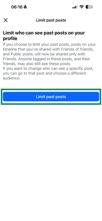 Explanation on how limiting past Facebook posts works (mobile app) with the Limit Past Posts button highlighted.
