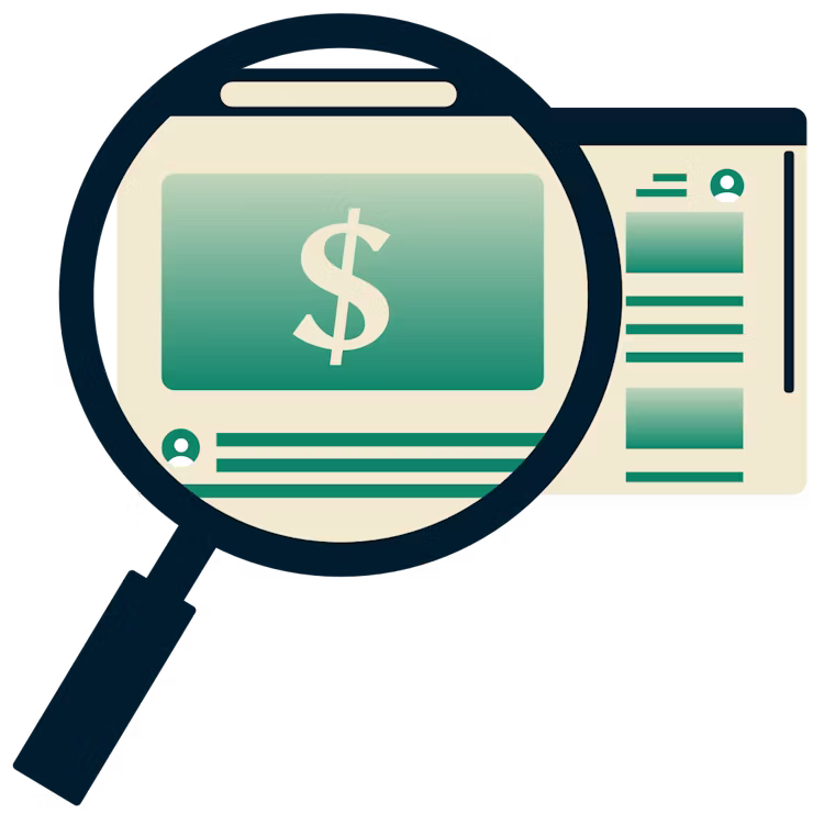 Magnifying glass highlighting online deals on browser screen.