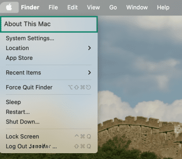 Apple menu opened showing the About This Mac option highlighted.