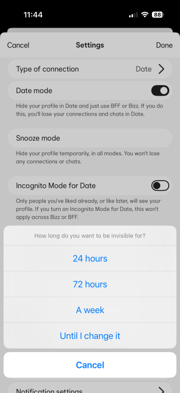 Snooze duration options displayed: 24 hours, 72 hours, a week, and Until I change it, with A week highlighted.