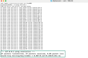 Ping results from a loopback address via the Terminal on macOS.