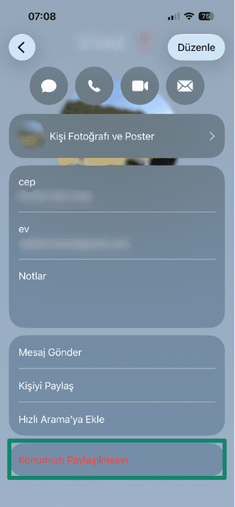 Contact screen with the Stop Sharing My Location option highlighted.