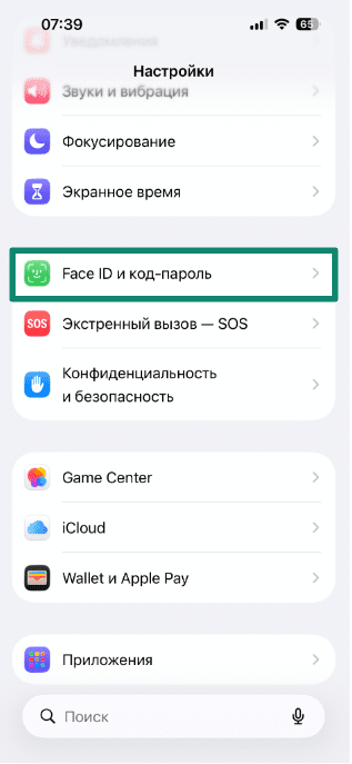 iPhone Settings screen highlighting the Face ID & Passcode option.