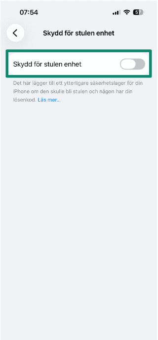 Stolen Device Protection screen with the toggle switched off.