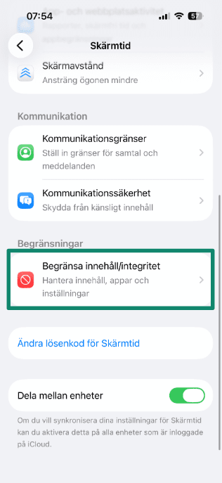 Screen Time menu with Content & Privacy Restrictions highlighted.