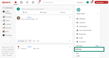 The Quora user menu is open, and the Settings option is highlighted.