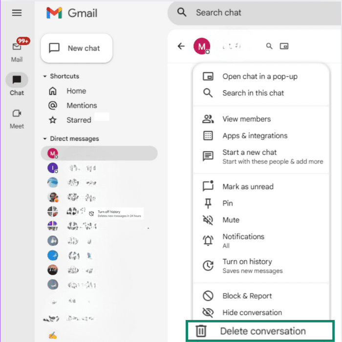 In the Google Chat window, the contact menu is open and the Delete conversation option is highlighted.