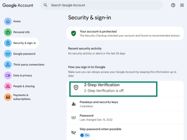 On the Google account security page, the 2-Step verification option is highlighted.