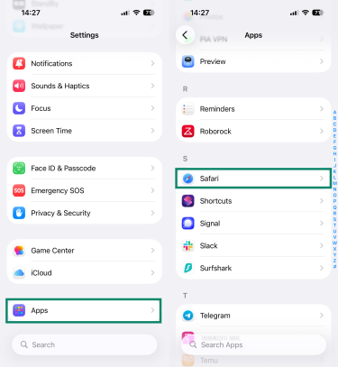 iOS main settings and app settings, highlighting the Apps option and the Safari app in the list.