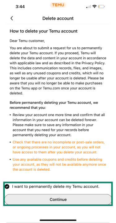 Delete account screen with Continue button highlighted.