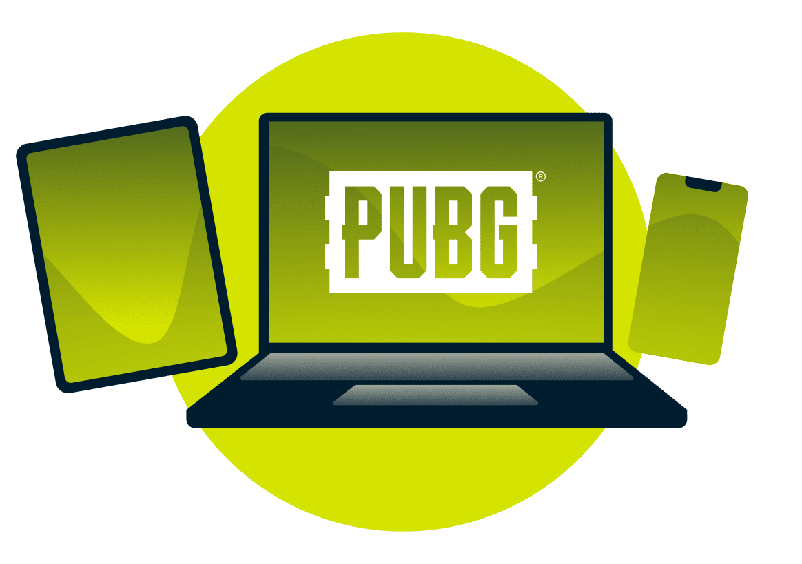 Variedade de dispositivos com o logotipo PUBG: Battlegrounds.