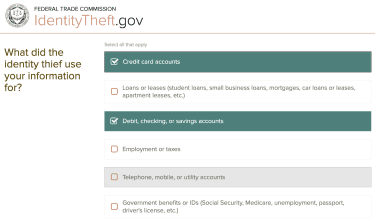 Reporting identity theft on a form on IdentityTheft.gov.