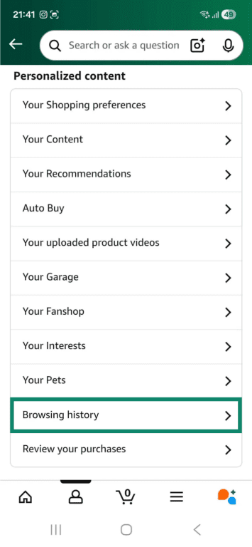 Account menu on the Android Amazon Shopping app. The "Browsing history" option is highlighted.