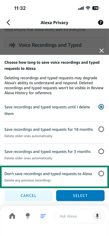 Screenshot of the Alexa app with the Don't save recordings and typed requests to Alexa option highlighted.
