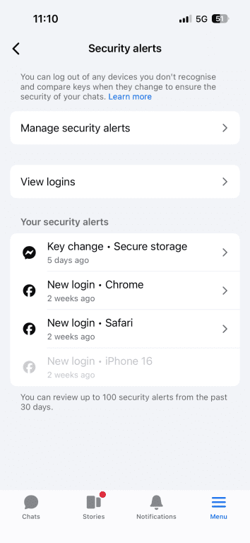 The security alerts page of the end-to-end encrypted chats menu in Messenger.