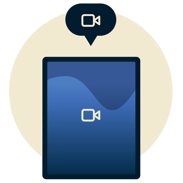 Wideoczat na telefonie: Tablet pokazujący ikonę wideo, nad którą znajduje się dymek mowy z ikoną wideo.